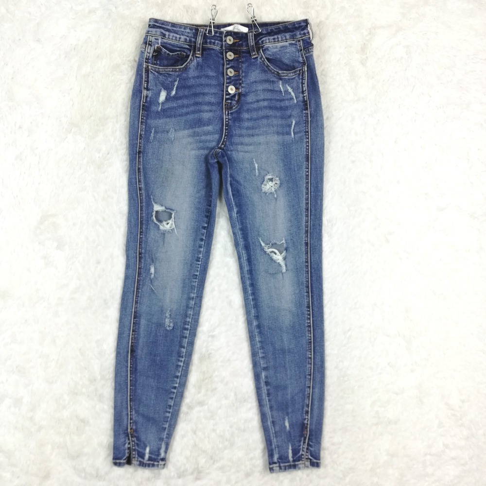 Kancan Womens Jeans Skinny Ankle Blue Denim Ripped Button Fly High Rise 27